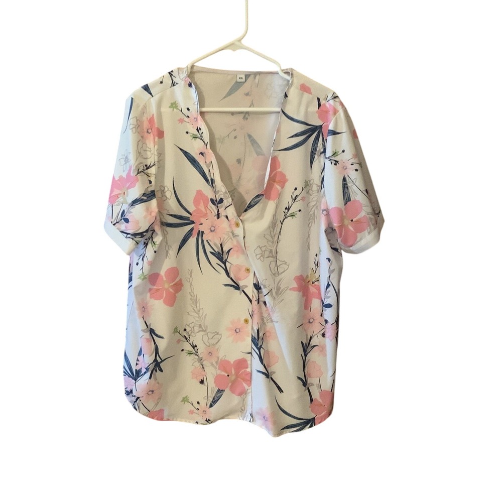 XXL Floral Print Blouse Pink White Blue‎ Short Sleeve Casual Top